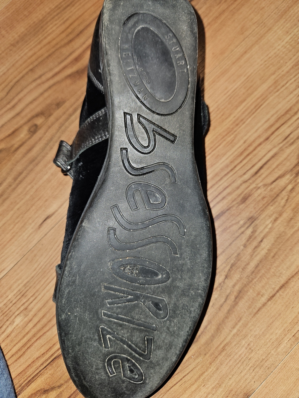 Stuart Weitzman Metallic Silver and Black Crisscross Strap Flats - Picture 5 of 5